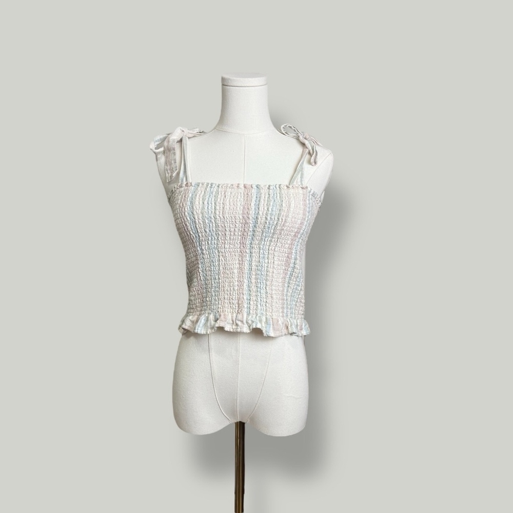 American Eagle Top Women Size Small Multicolored Smock Tie Strap Ruffle Hem